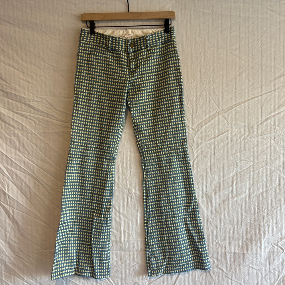Alice + Olivia Blue and Yellow Houndstooth Boot-Cut Pants